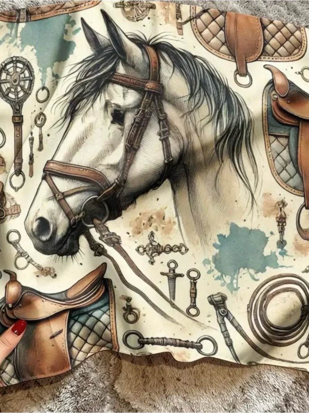 Equestrian Horse Print Silk-Feel Scarf - Cream & Teal